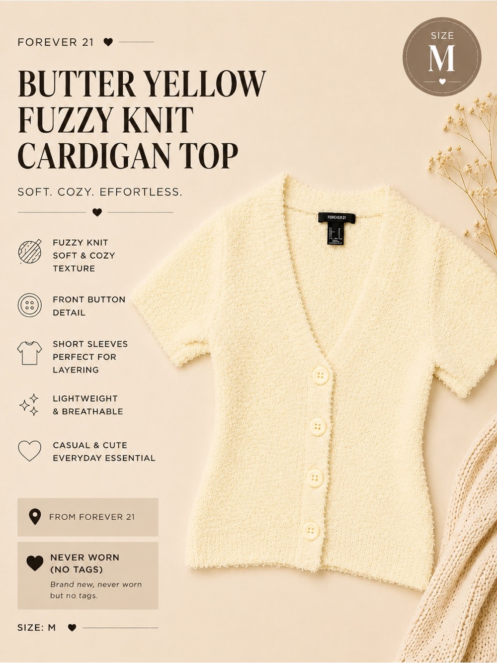 Forever 21 Butter Yellow Fuzzy Cardigan Top | Soft Bouclé Button-Up | Size M